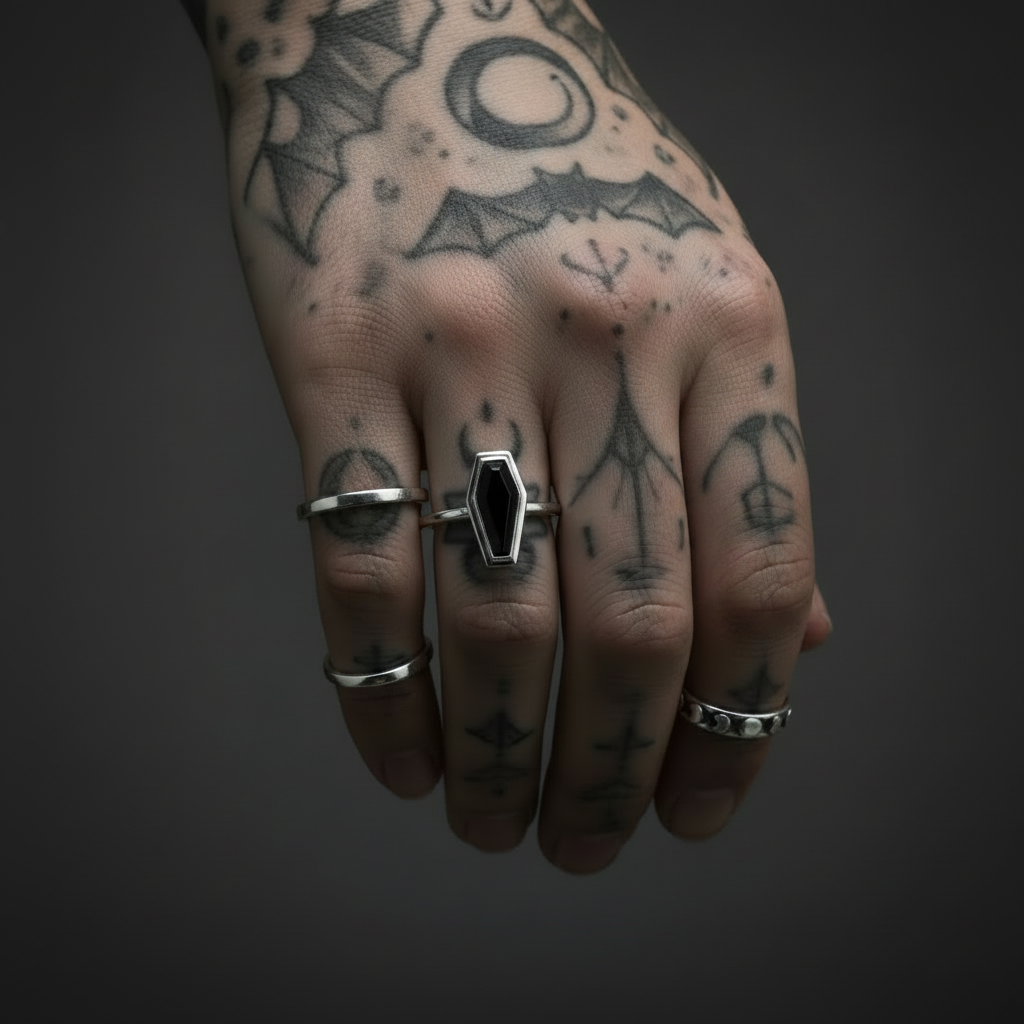 A tattooed hand wearing multiple silver rings, including a prominent coffin-shaped ring with a black centre , against a dark grey background.