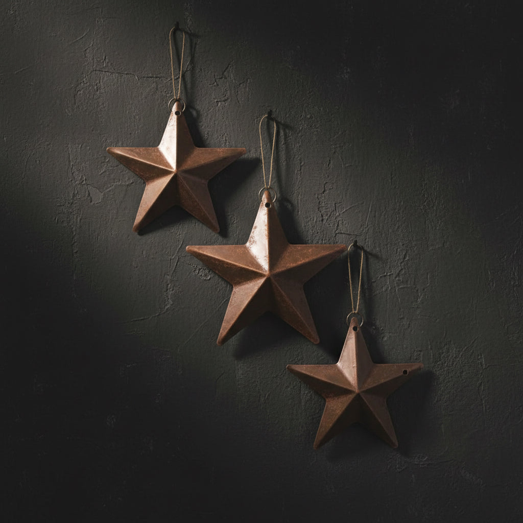 Rustic star-shaped ornaments on a green textured surface