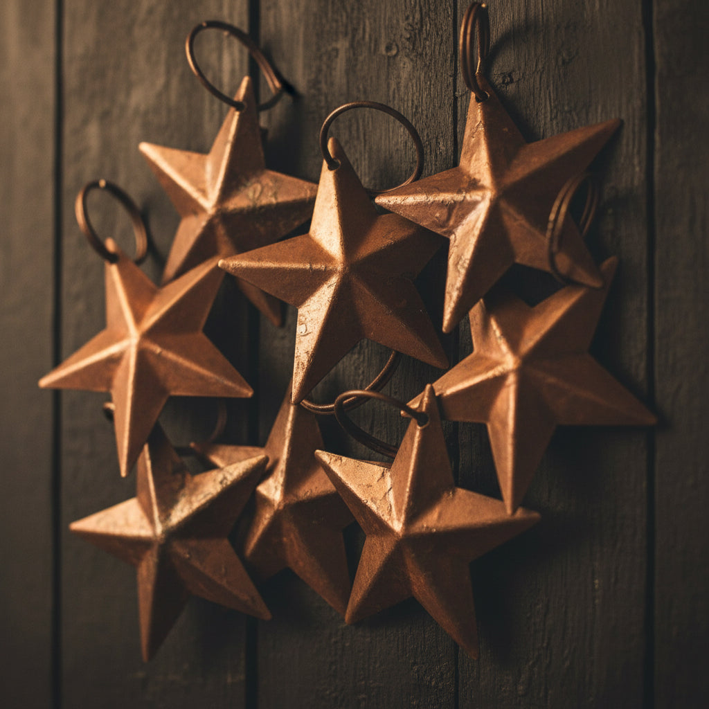 Rustic metal stars on a dark background.