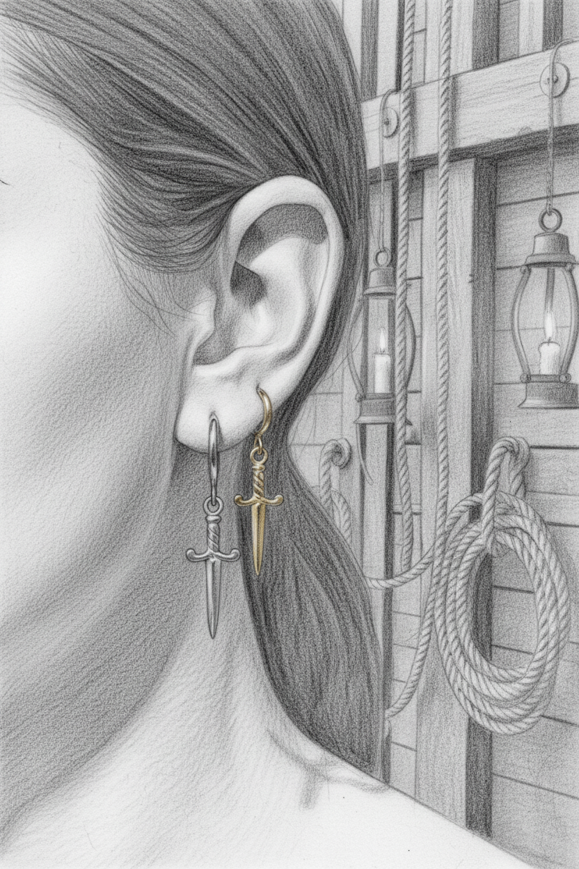A close-up pencil-style illustration of a person's ear wearing two dangling earrings: a silver spear-shaped hoop earring and a small gold cross-shaped drop earring, set against a nautical background with ropes and lanterns.