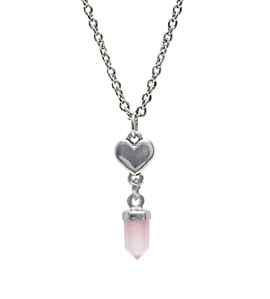 A silver-toned chain necklace featuring a small heart-shaped charm and a dangling pink crystal point pendant, shown against a plain white background.