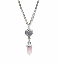 A silver-toned chain necklace featuring a small heart-shaped charm and a dangling pink crystal point pendant, shown against a plain white background.