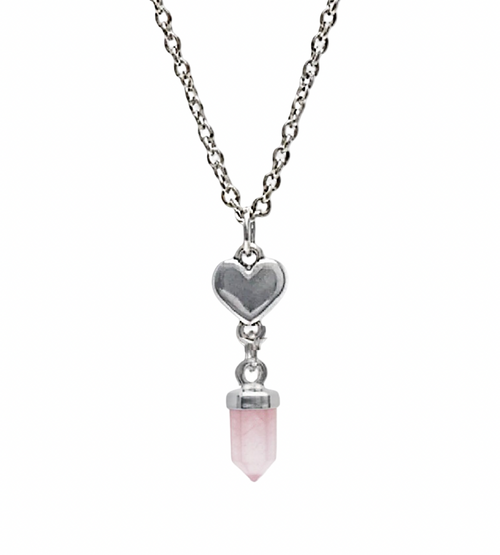 A silver-toned chain necklace featuring a small heart-shaped charm and a dangling pink crystal point pendant, shown against a plain white background.