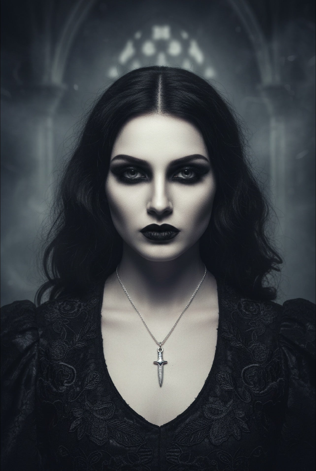 Gothic woman with dark makeup and a necklace with a dagger pendant against a dark background.