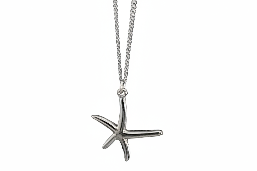Silver starfish pendant necklace on a white background