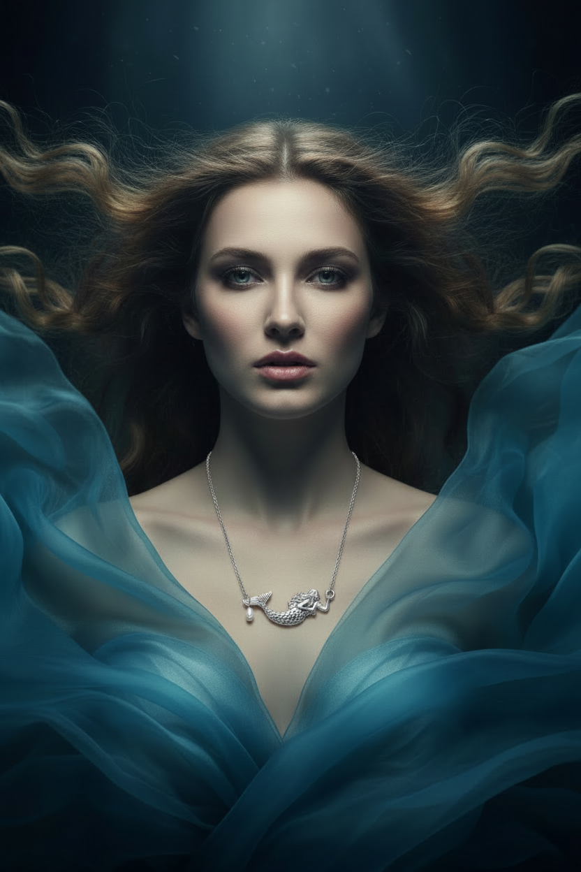 A woman underwater wearing a silver mermaid necklace, surrounded by flowing blue fabric and dark water with light rays.