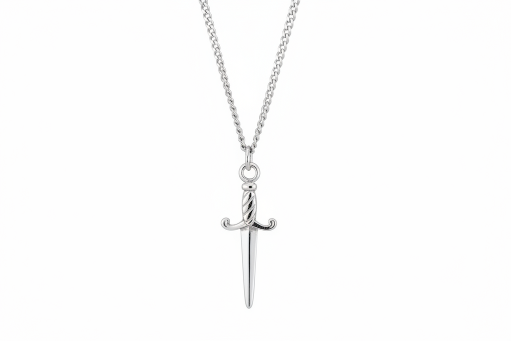 Silver necklace with a sword-shaped pendant on a white background