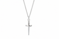 Silver necklace with a sword-shaped pendant on a white background