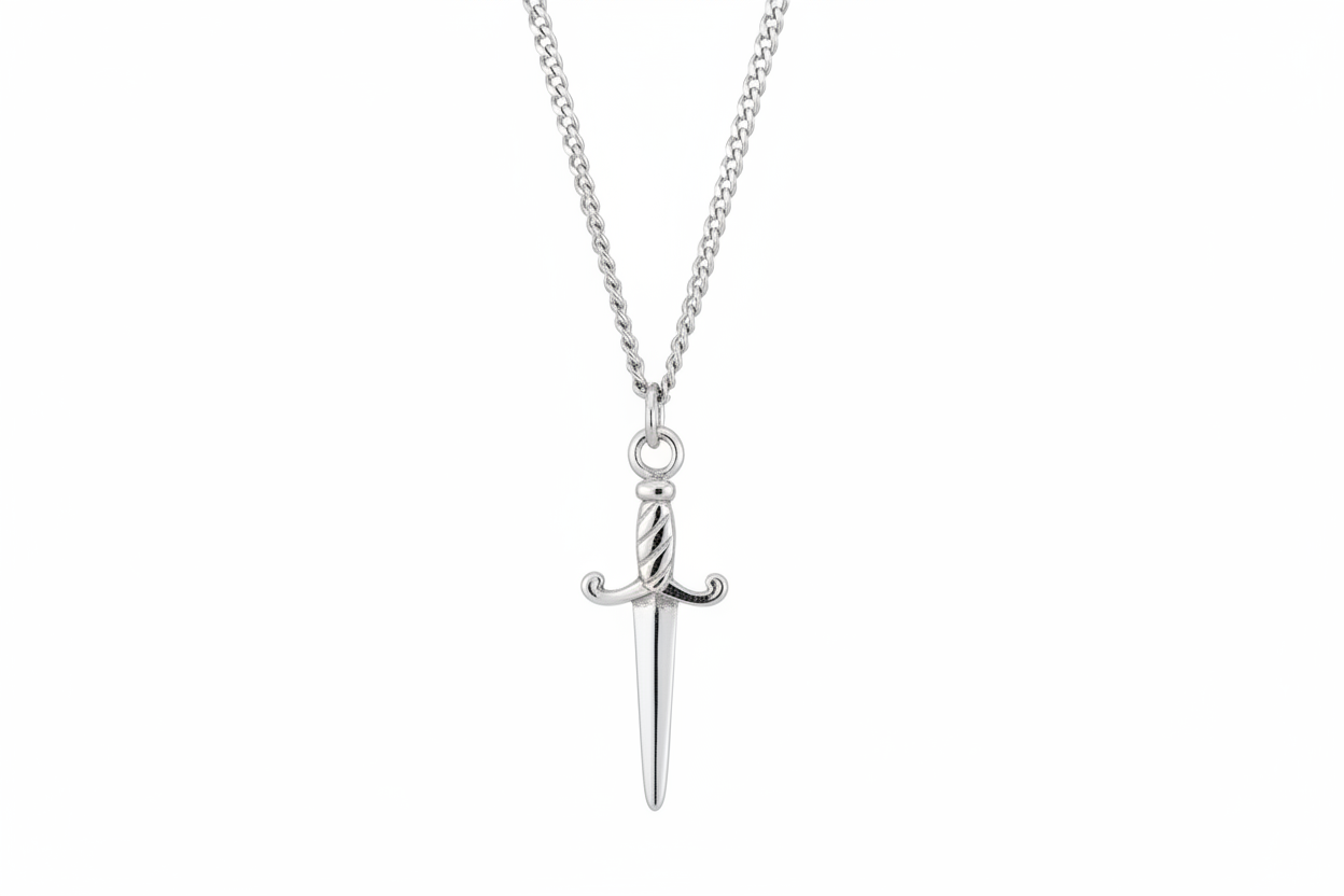 Silver necklace with a sword-shaped pendant on a white background