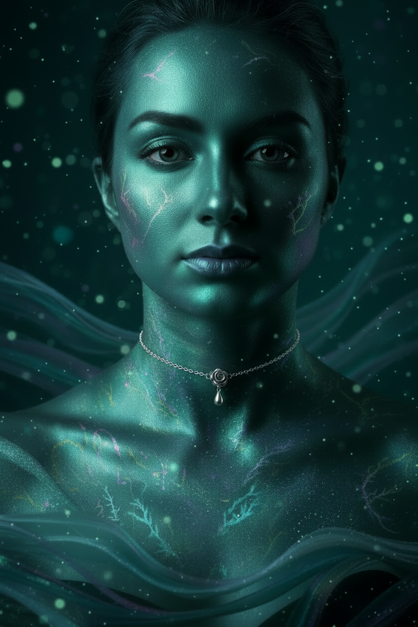 A close-up portrait of a woman with glowing teal and green skin, subtle lightning-like marks, and a delicate silver necklace with a teardrop pendant, set against a dark cosmic background with floating light dots.