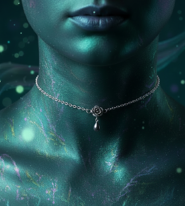 A close-up of a model's neck and lower face wearing a delicate silver chain choker with a rose-shaped pendant and a teardrop charm, set against a dark teal, glittery background.