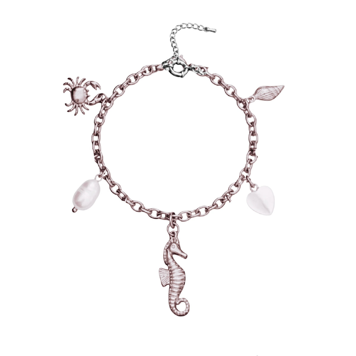 Bracelet with seahorse, shell, crab, shell heart and pearl charms on a white background