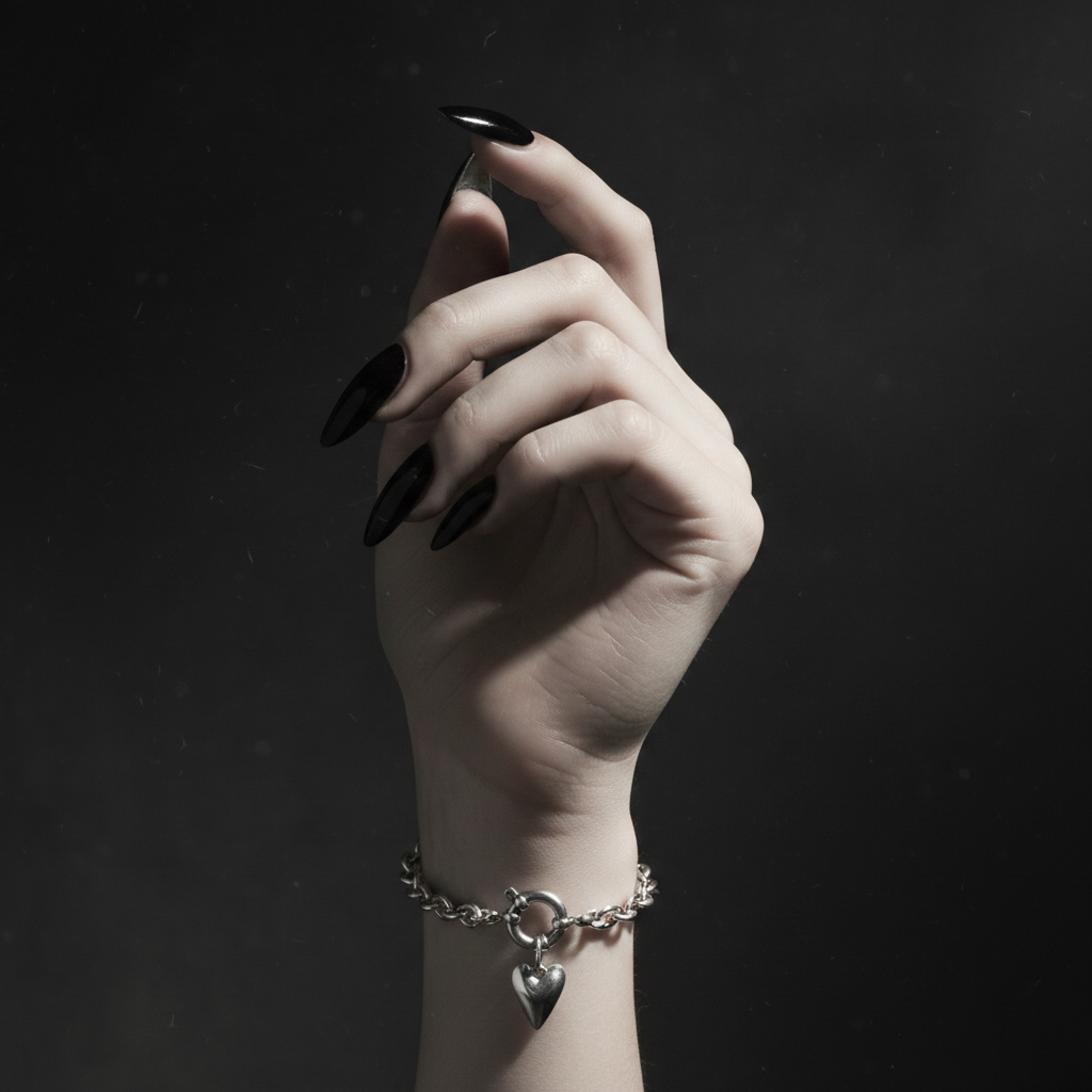 Silver chain bracelet with a heart-shaped charm on a dark background 