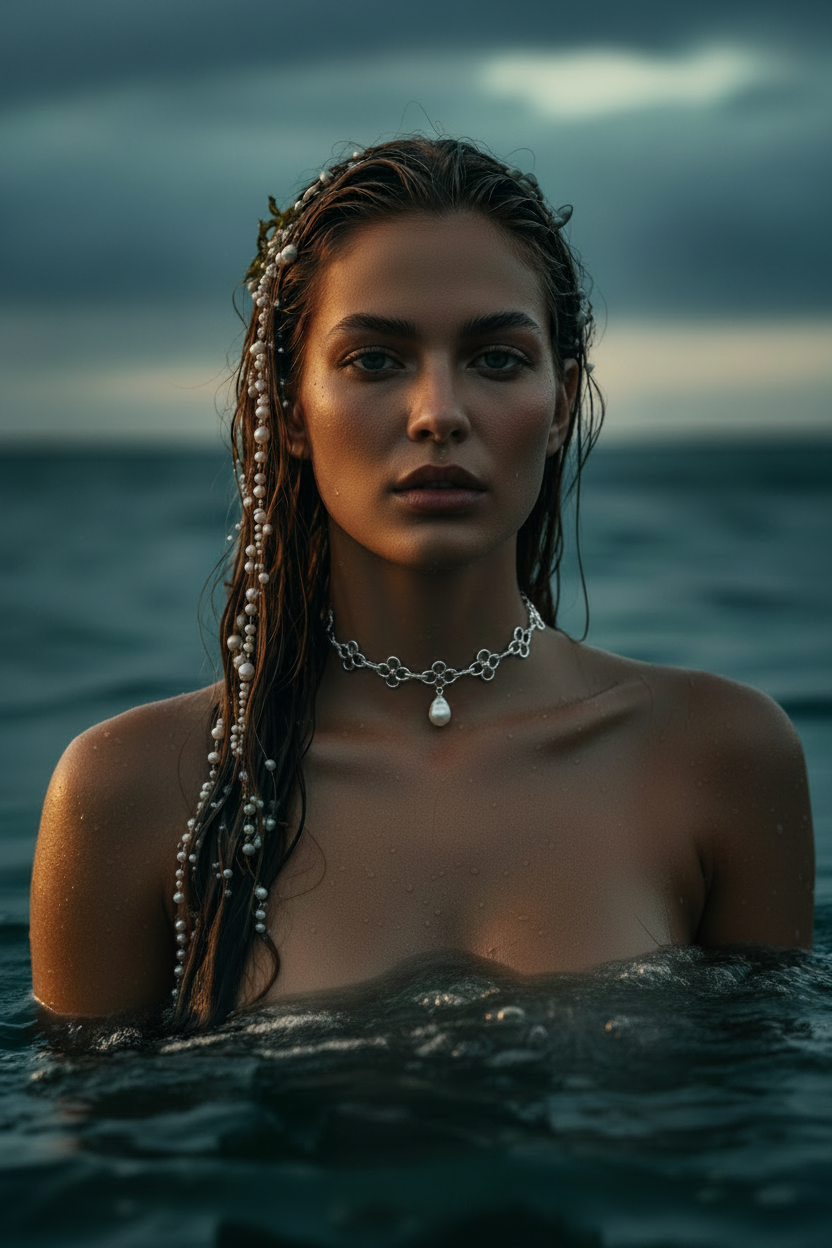 A woman with wet hair stands in ocean water wearing a silver beaded choker necklace with a teardrop pendant.