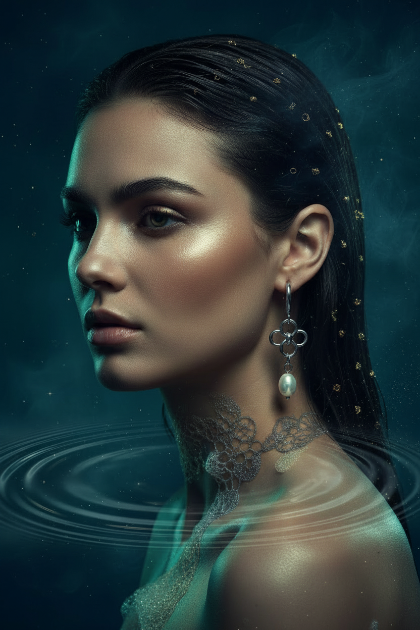 A woman in profile with dark hair adorned with small gold dots, wearing a silver clover-shaped dangle earring with a white pearl, set against a dark teal water-themed background with ripples.