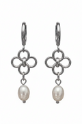 A pair of silver-toned hoop earrings with a four-ring floral motif and a dangling baroque pearl, shown on a plain white background.