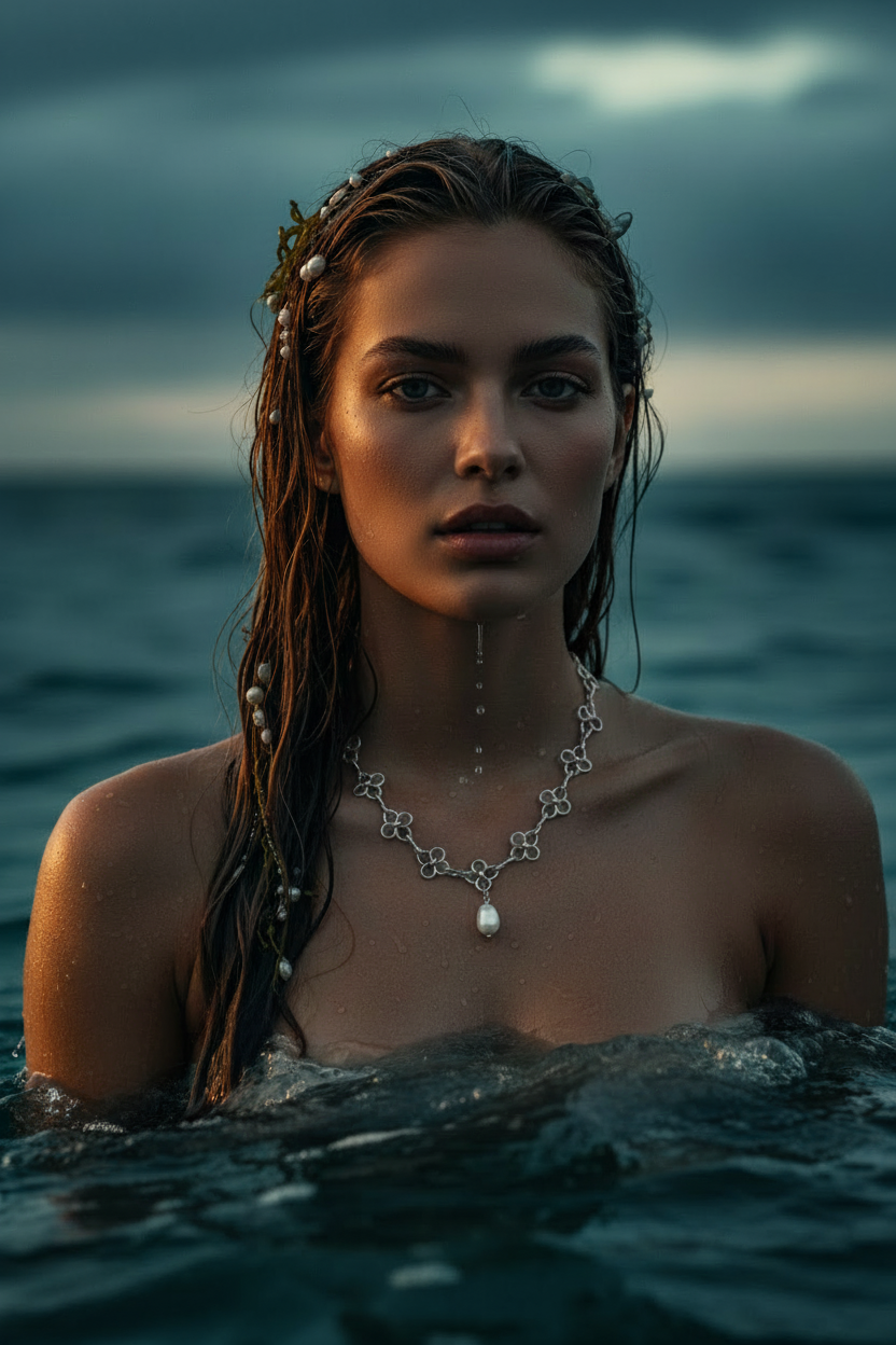 A woman with wet hair stands in ocean water wearing a silver floral necklace with a teardrop pendant and matching hair accessories against a moody dark sky and sea background.
