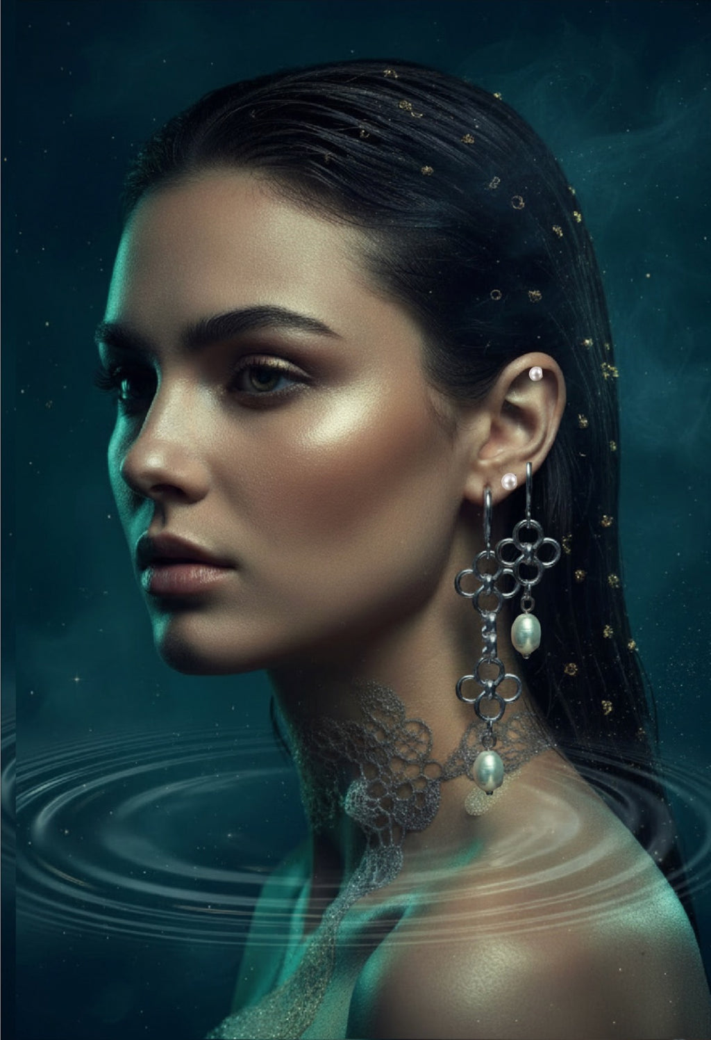 A close-up portrait of a woman with dark hair adorned with small gold beads, wearing a silver dangling earring with pearl-like accents and a matching silver necklace. The background is a dark teal, water-like scene with ripples.