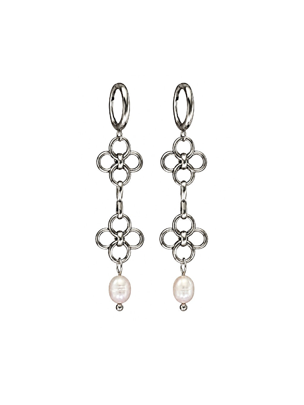 Four silver flower-shaped earrings on a white background
