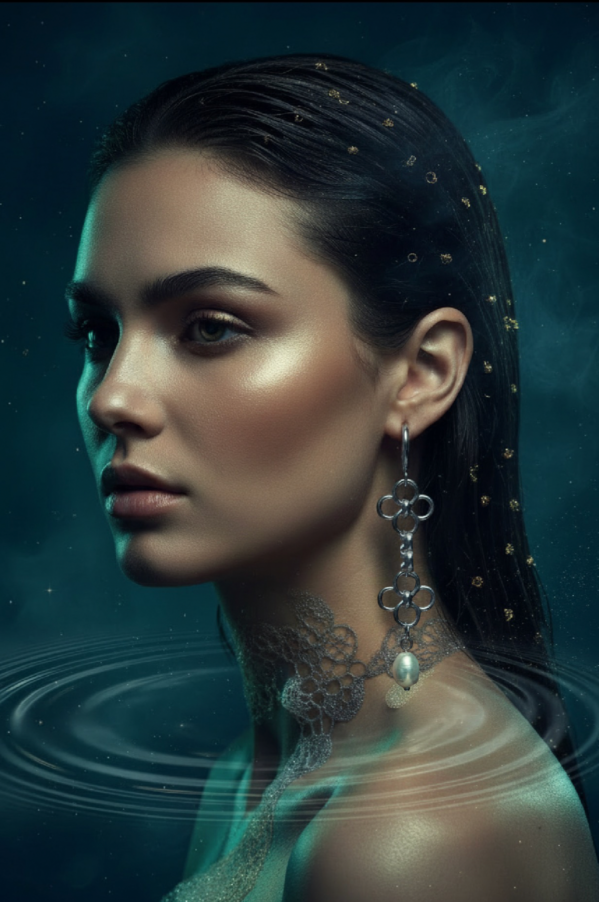 A woman in profile wearing a long silver dangling earring with a pearl-like drop, set against a dark teal water-themed background with ripples and small gold decorative marks on her hair.