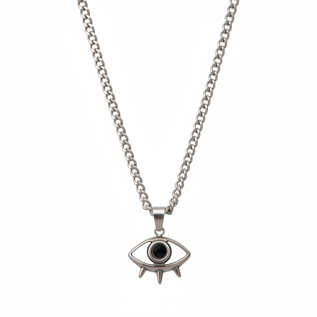 Silver necklace with an eye-shaped pendant on a white background