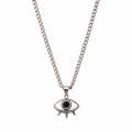 Silver necklace with an eye-shaped pendant on a white background