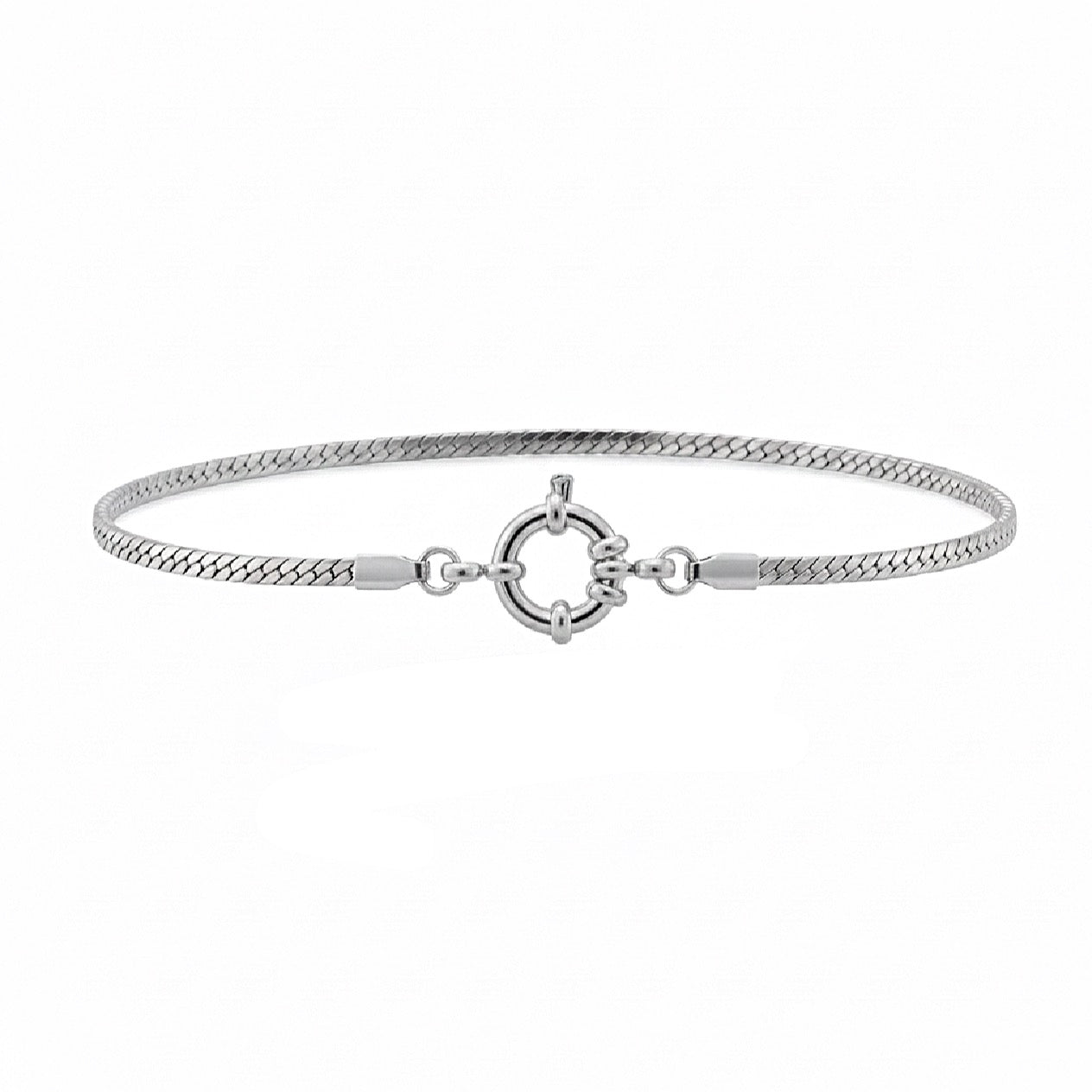 Silver bracelet with a clasp on a white background