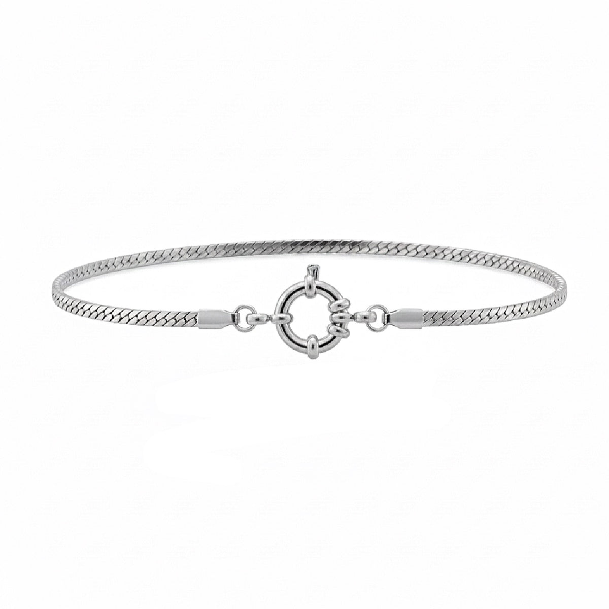 Silver bracelet with a clasp on a white background