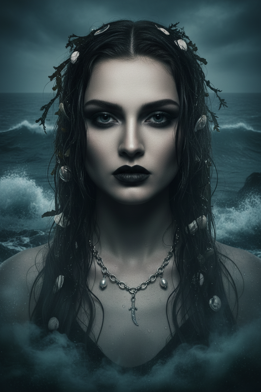 A dark, moody portrait of a woman with long wet black hair, heavy eye makeup, and a silver chain necklace with a pendant, set against a stormy ocean background.