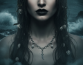 A gothic-style portrait of a woman with dark hair, dramatic eye makeup, and a silver chain necklace with a pendant, set against a stormy ocean background.