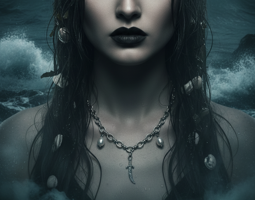 A gothic-style portrait of a woman with dark hair, dramatic eye makeup, and a silver chain necklace with a pendant, set against a stormy ocean background.
