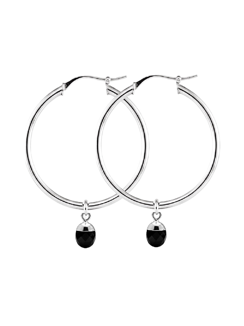 A pair of silver hoop earrings with small dangling black bead charms, shown against a plain white background.