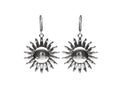 A pair of silver sunburst drop earrings with a polished central circle and textured radiating points, shown against a plain white background.