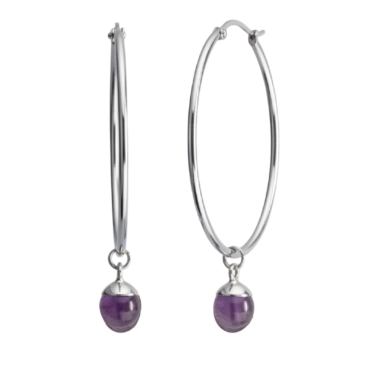 Silver hoop earrings with purple crystal on a white background