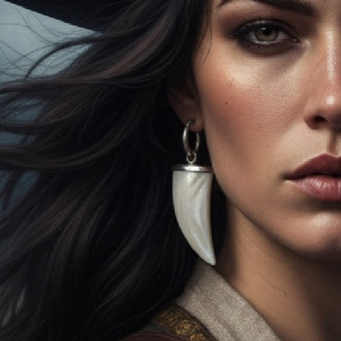 A close-up lifestyle shot of a woman wearing a large, curved white tooth drop earring with a silver hoop and cap, set against a dark background with her hair blowing in the wind.