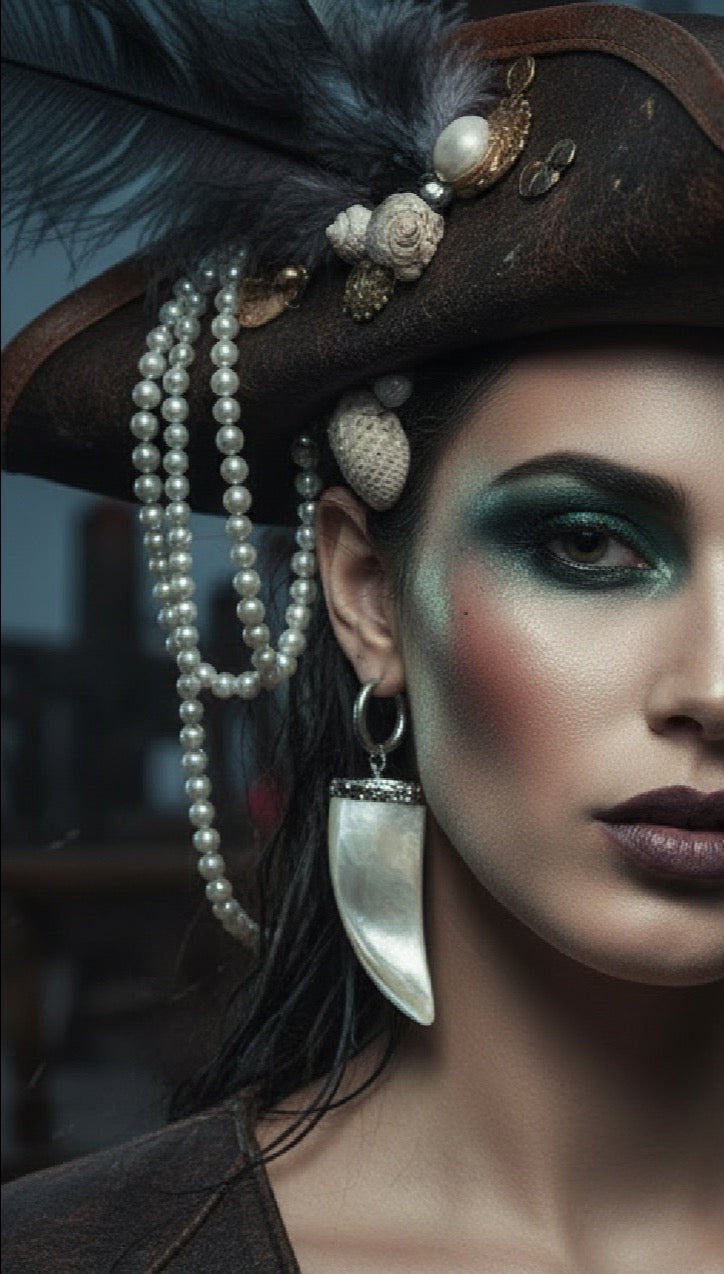 A close-up portrait of a woman wearing a dark brown feathered hat adorned with pearl strands, shell-like beads, and gold-toned embellishments, along with dramatic green eye makeup and a large silver teardrop earring.