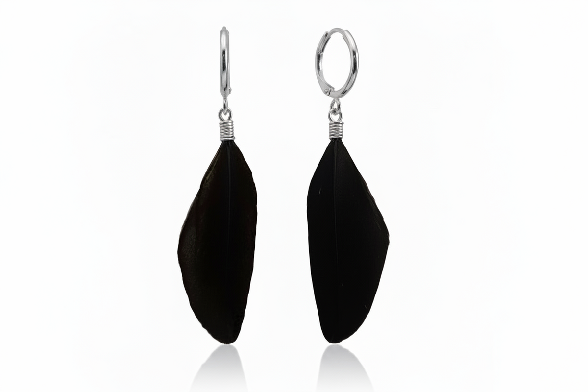 A pair of black feather drop earrings with silver-toned metal hooks and wire-wrapped details, shown against a plain white background with a subtle reflection below.