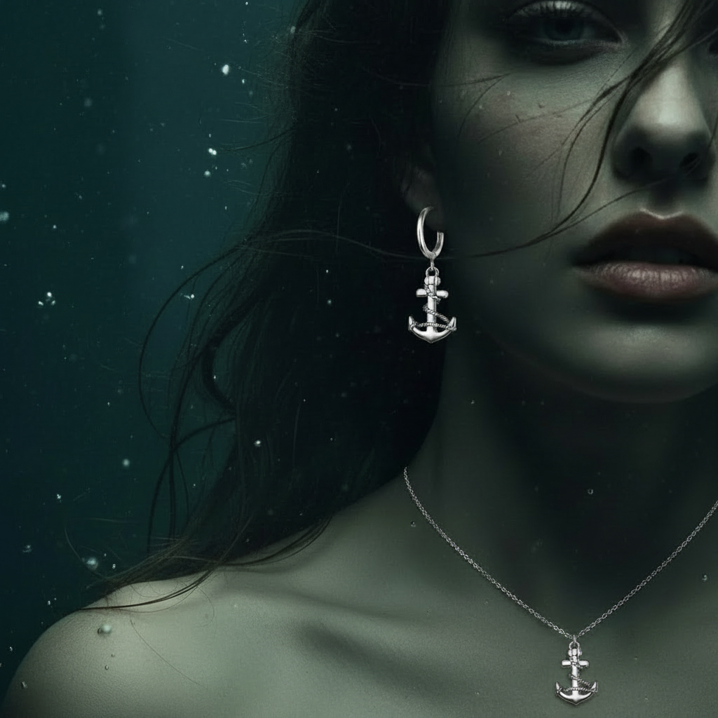 A close-up underwater portrait of a woman wearing a silver anchor drop earring and a matching silver anchor pendant necklace against a dark teal-blue water background.