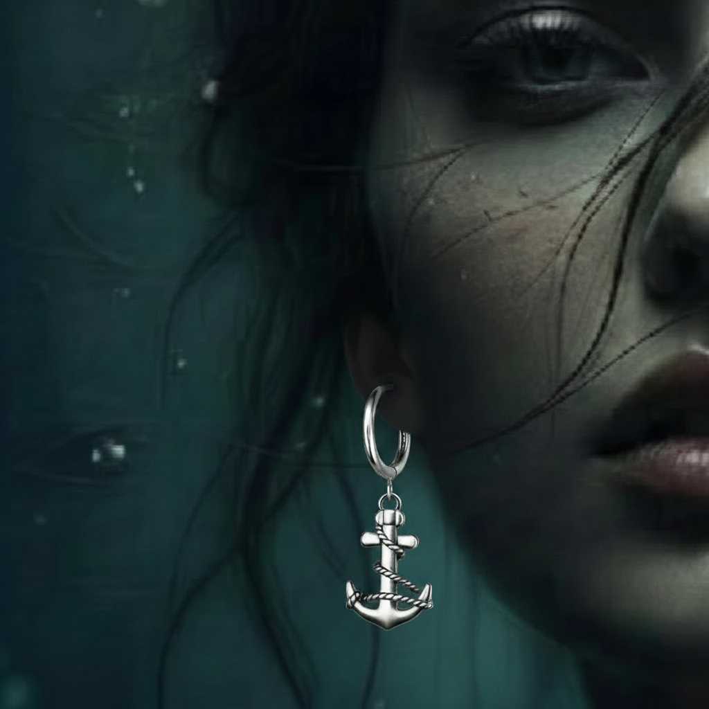 A close-up of a person's face underwater, wearing a silver hoop earring with a dangling anchor charm.