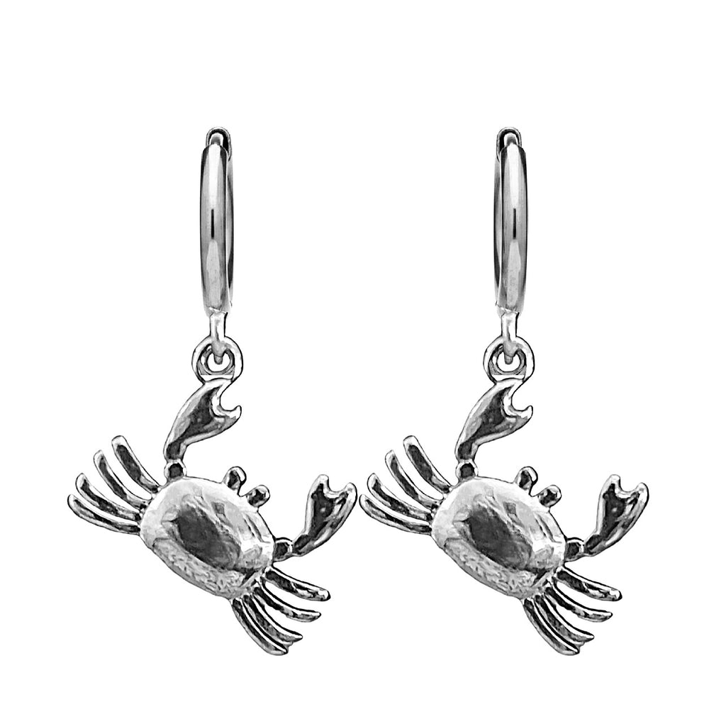 Silver crab-shaped earrings on a white background