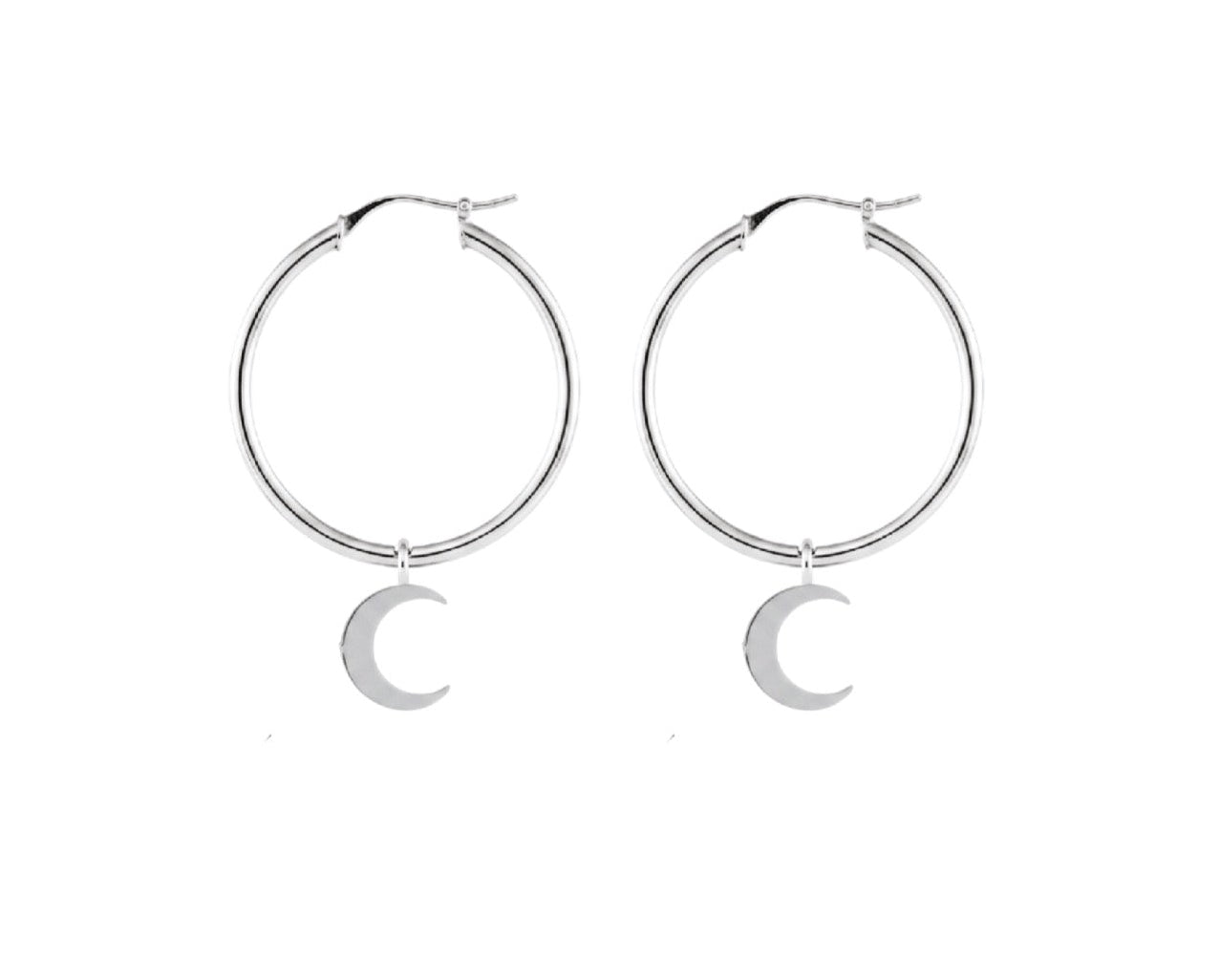 A pair of silver-toned hoop earrings with a small crescent moon charm hanging from the bottom of each hoop, shown on a plain white background.