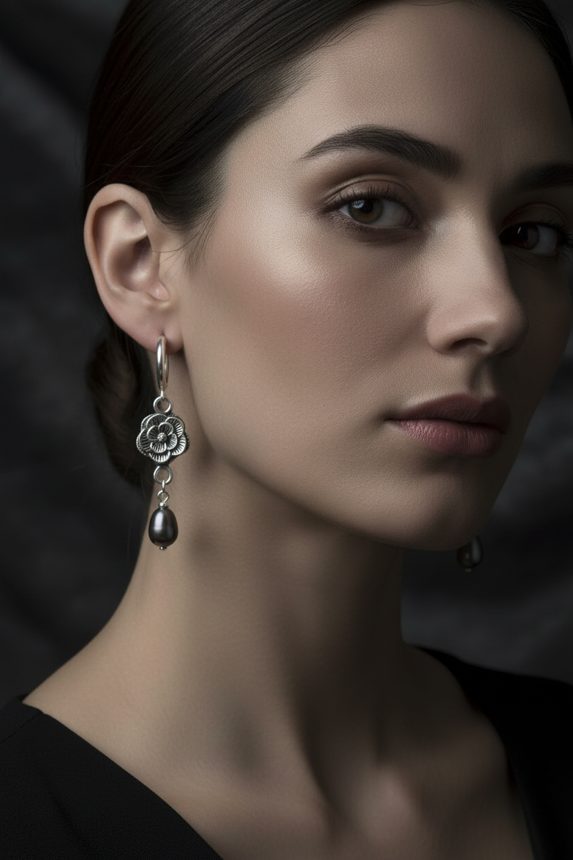 Model wearing a black dress with a silver hoop earring wth a silver rose and black pearl against a dark background. 