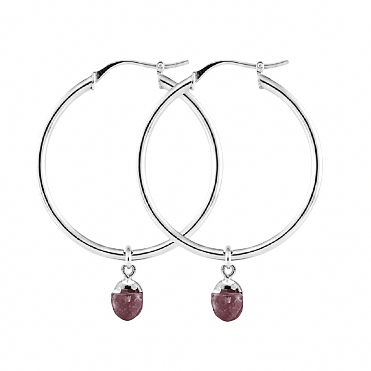A pair of silver hoop earrings with small teardrop-shaped dusty rose gemstone charms, shown against a plain white background.
