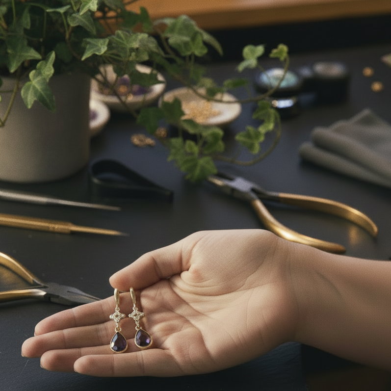 A close-up of a person's hand holding a pair of gold hoop earrings with dark teardrop-shaped stones, set against a dark tabletop with jewelry-making tools and potted plants.