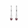 A pair of silver hoop earrings with small faceted amethyst crystal at the bottom, shown on a plain white background.