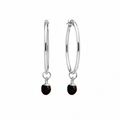 A pair of silver hoop earrings with a small dangling black faceted stone charm, shown against a plain white background.