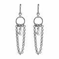A pair of silver-toned dangle earrings with circular hoops, short chain links, and a small teardrop-shaped white pearl hanging in the center of each earring, shown against a plain white background.