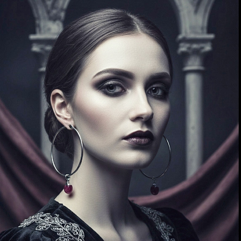 Woman wearing large hoop earrings with red beads against a dark background