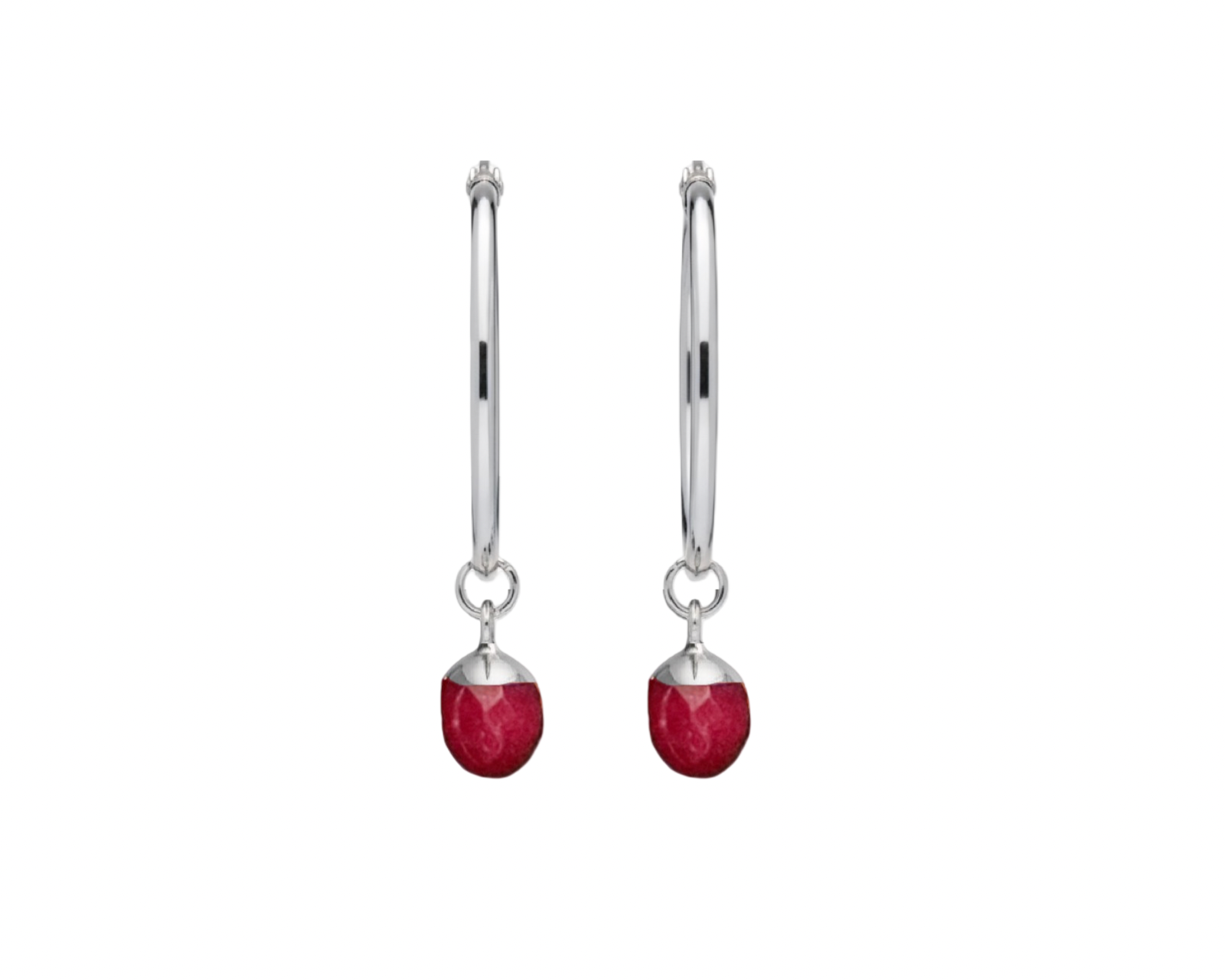 A pair of silver hoop earrings with a small oval faceted red gemstone shown against a plain white background.