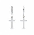 Silver hoop earrings with a small silver cross on a white background.